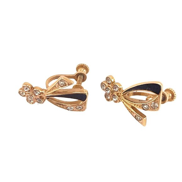 Petite Screw Back Earrings Circa 1950 Black Enamel Gold Tone Metal - Picture 6 of 9